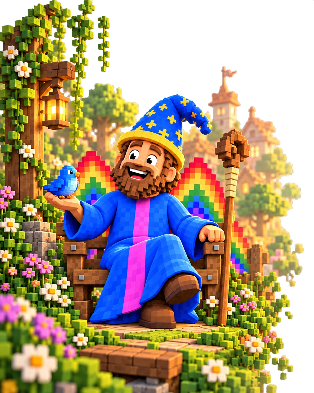 Wizard Joe on a bench in a pixel-art garden, holding a small blue bird