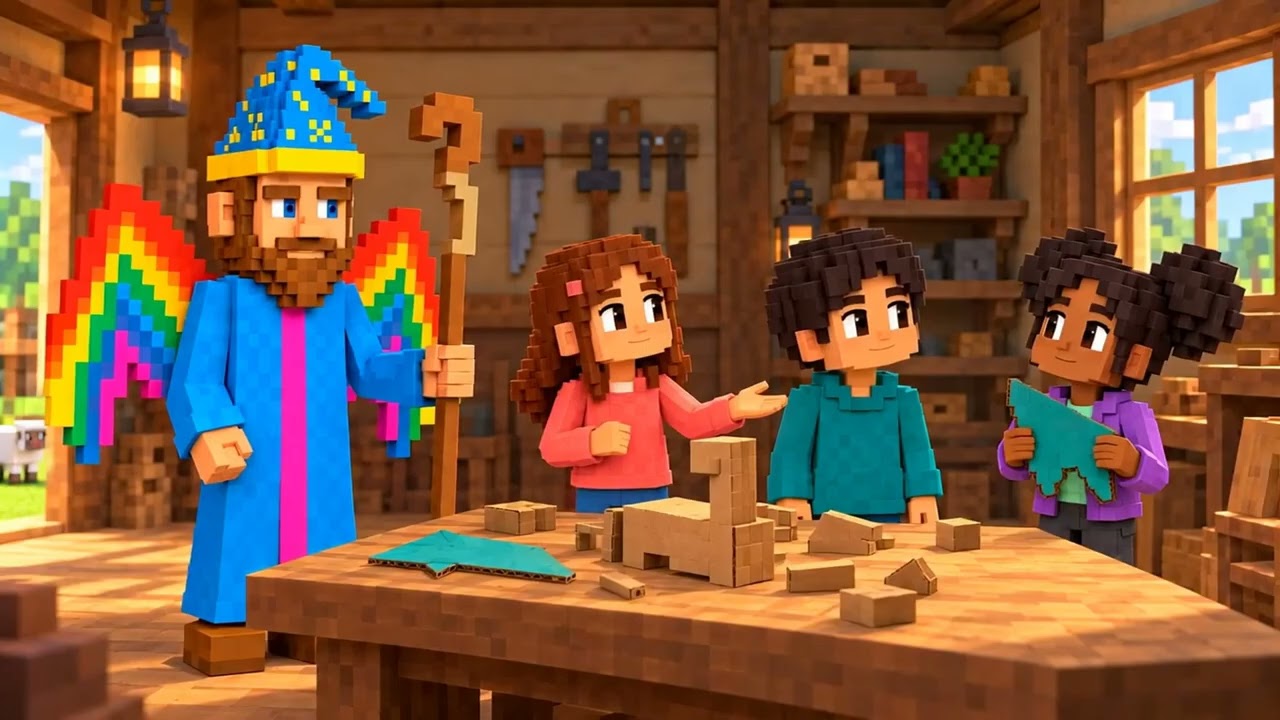 Wizard Joe, Maya, Finn and Bea building a cardboard dragon in a workshop