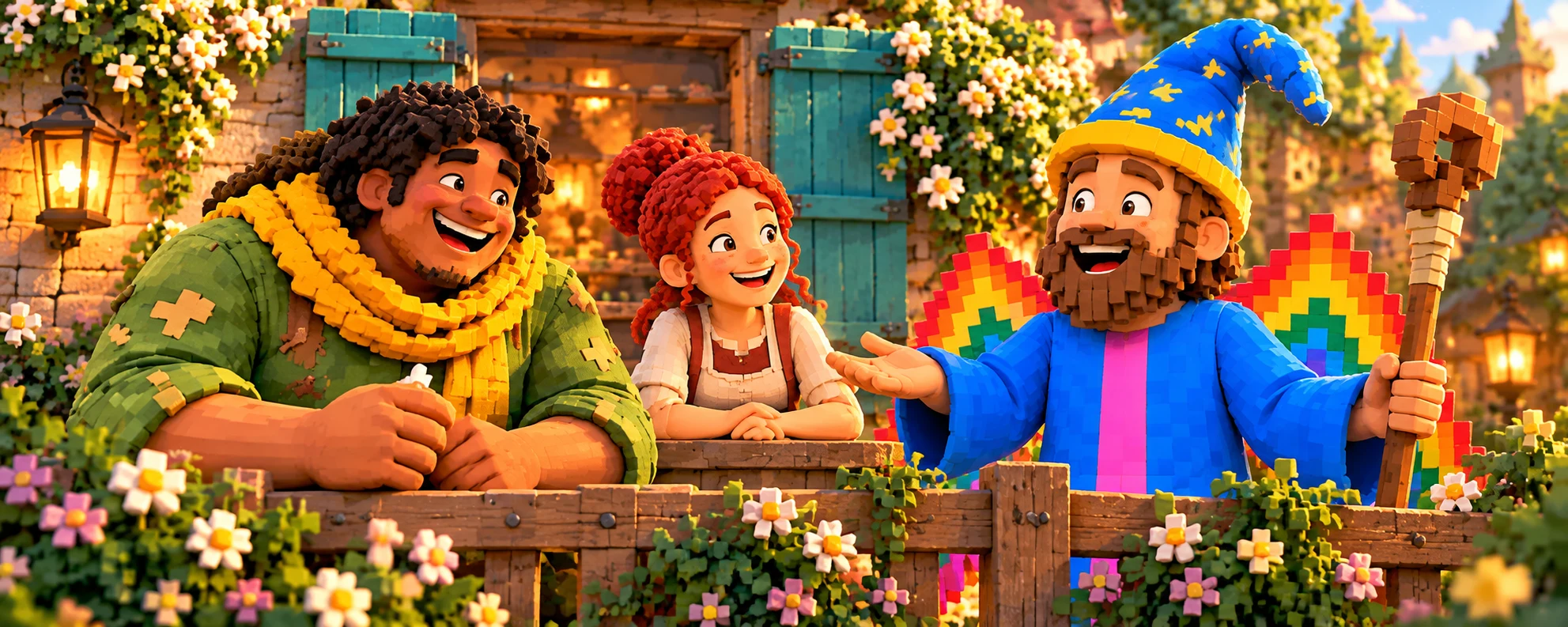 Moss the giant, Mara and Wizard Joe laughing together by a garden fence