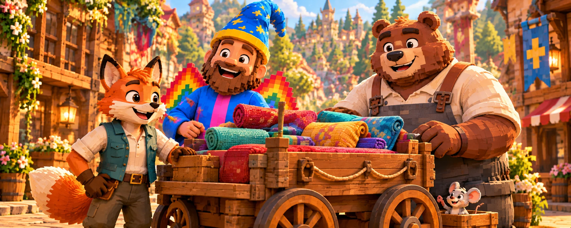 A fox, Wizard Joe, a bear and a mouse gathered at a market cart